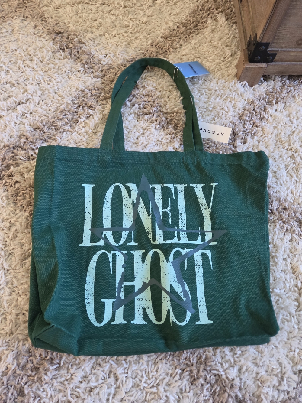 LONELY GHOST Dark Green Canvas Tote with White Graphic